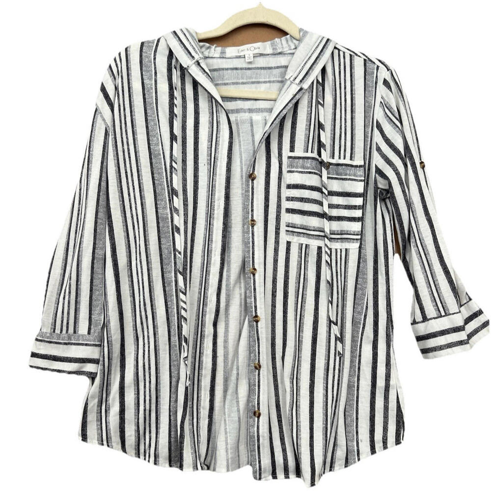 Eden & Olivia Striped Button Front Hooded Top Women’s 3/4 Sleeve Casual Size S